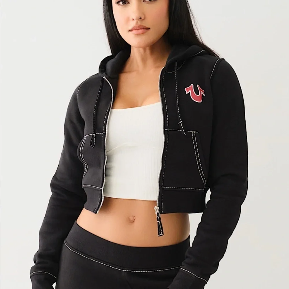 Women’s True Religion Shruken Zip Up Hoodie Big T, Black, Medium - Picture 1 of 10